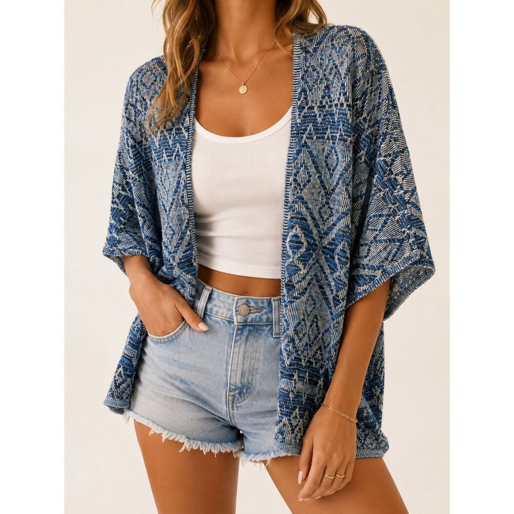 Ruff Hewn 100% Cotton Blue Marled Boho Open Front Kimono Cardigan Aztec Knit PS